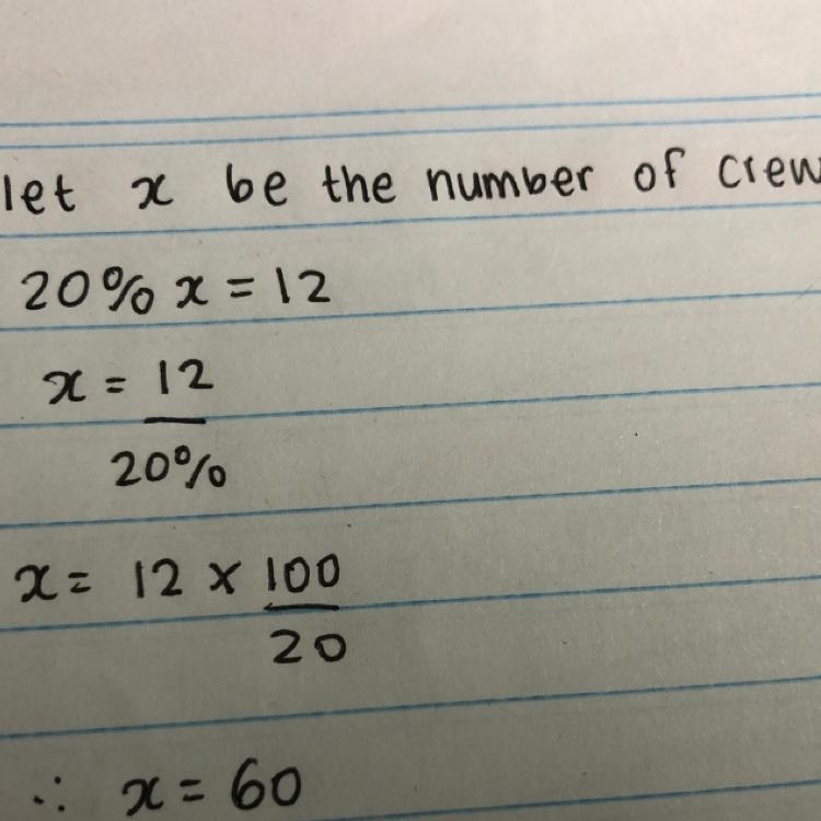 21) A crew is made up of 12 women; the rest are men. If 20% of the crew are women-example-1