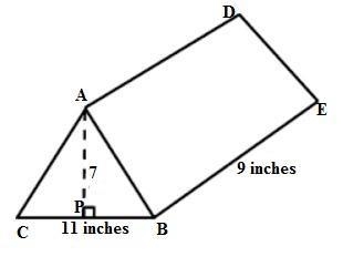 A triangular prism. The triangular base has a base of 11 inches and height of 7 inches-example-1