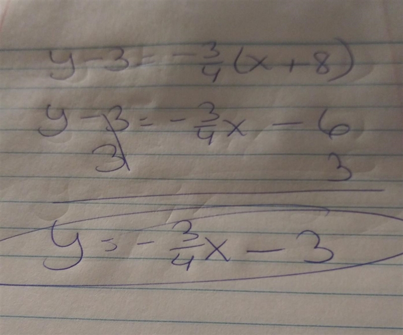 a line passes through the point (-8,3) and had a slope of -3/4. Write an equation-example-1