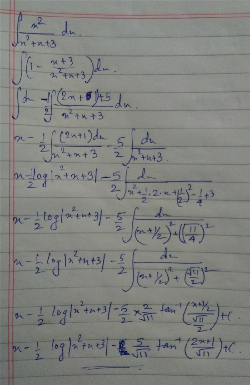 Integrate the following: \displaystyle \int (x^2)/(x^2+x+3)\, dx-example-1