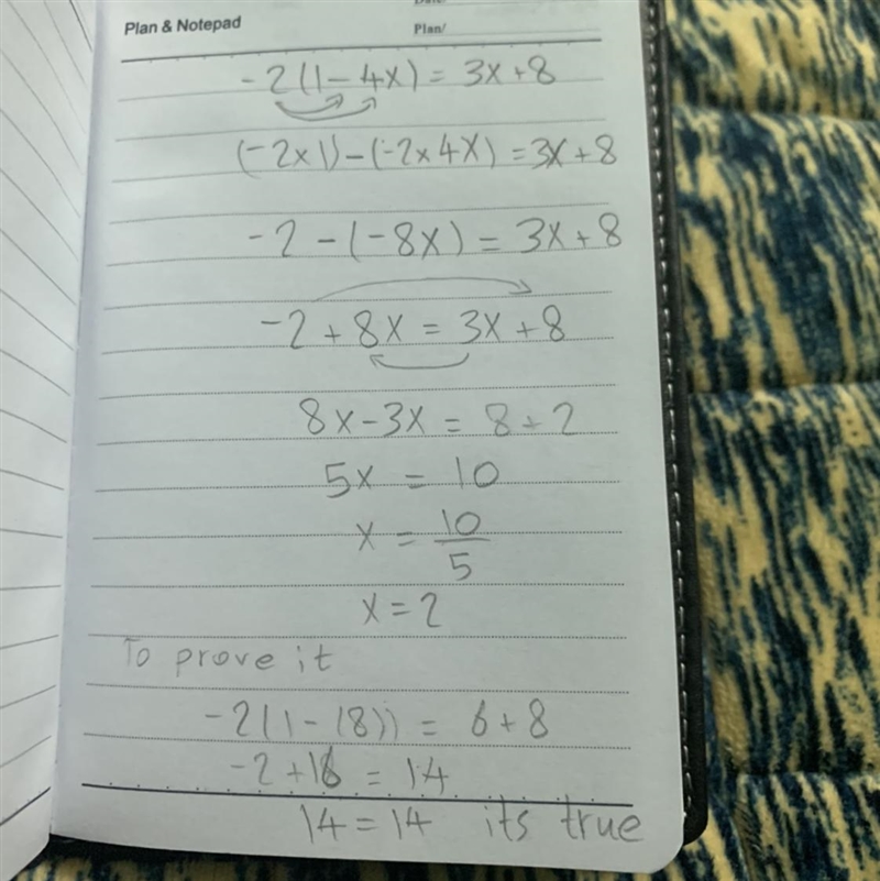 Solve and prove the solution for the equation -2(1-4x)=3x+8.-example-1