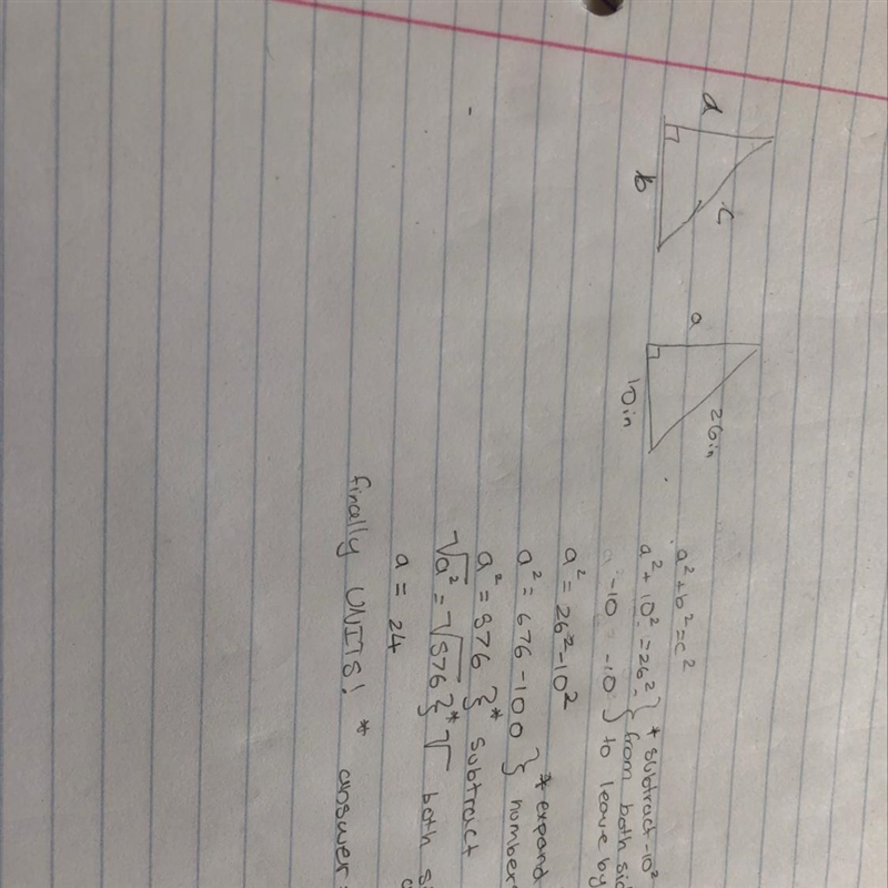 Pythagorean theorem!! If you have a leg that is 10in long and the hypotenuse is 26in-example-1