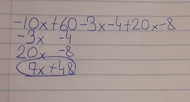 Simplify the expression by combining like terms: -10x + 60 - 3x -4+20x-8-example-1