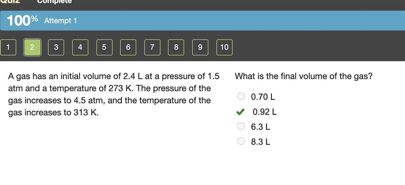 A gas has an initial volume of 2.4 L at a pressure of 1.5 atm and a temperature of-example-1