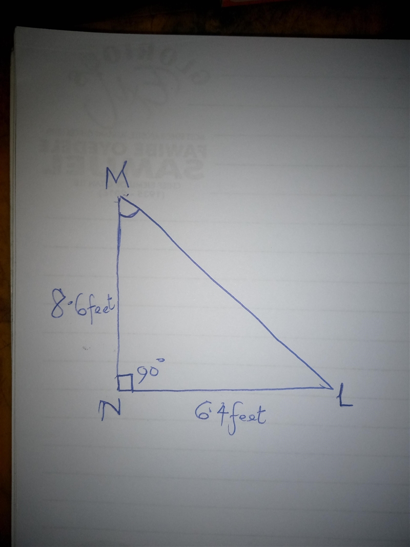 In ΔLMN, the measure of ∠N=90°, MN = 8.6 feet, and NL = 6.4 feet. Find the measure-example-1