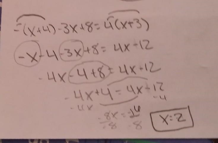 -(x + 4) – 3x + 8 = 4(x – 3)-example-1