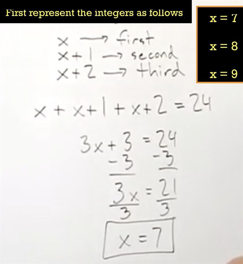 Find three consecutive integers whose sum is 24.-example-1