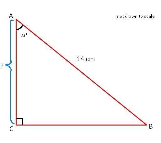 Given: ABC is a right triangle with right angle C. AB= 14 centimeters and mA = 33° What-example-1