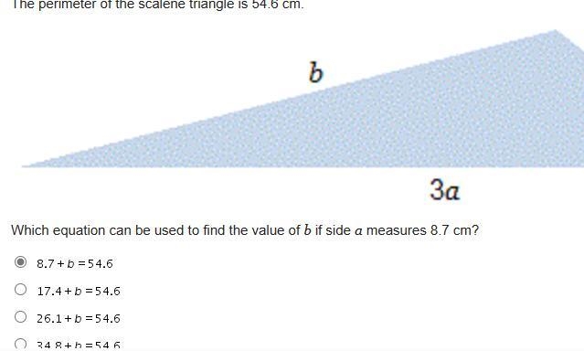 The perimeter of the scalene triangle is 54.6 cm. Which equation can be used to find-example-1