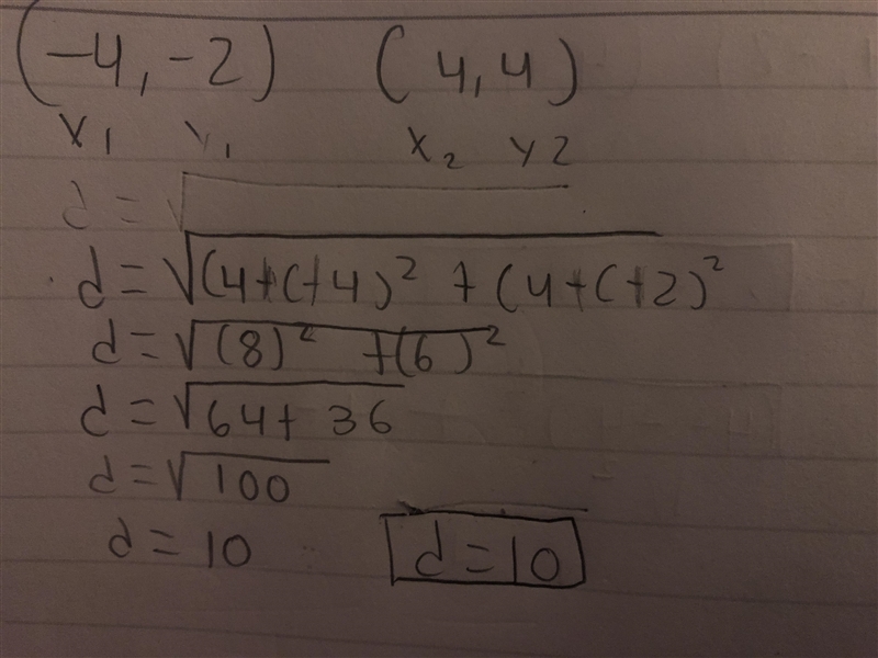 SHOW ALL WORK!!! 1. Find the distance between (-4,-2) & (4,4)-example-1