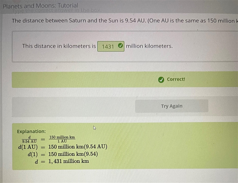 The distance between Saturn and the Sun is 9.54 AU. (One AU is the same as 150 million-example-1