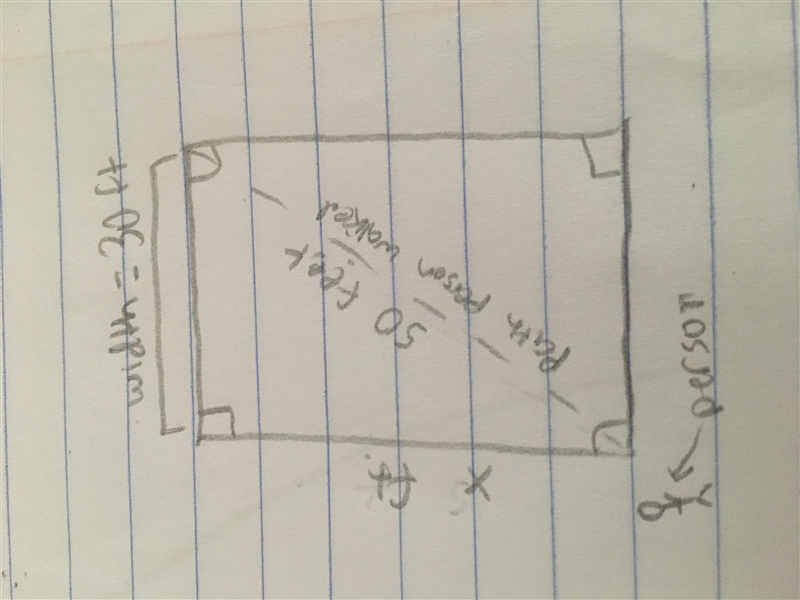 A person walked 50 ft. to cross a rectangular field diagonally. If the width of field-example-1