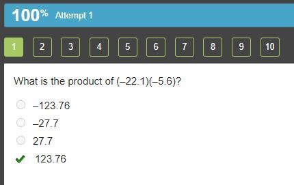 What is the product of (–22.1)(–5.6)? –123.76 –27.7 27.7 123.76-example-1