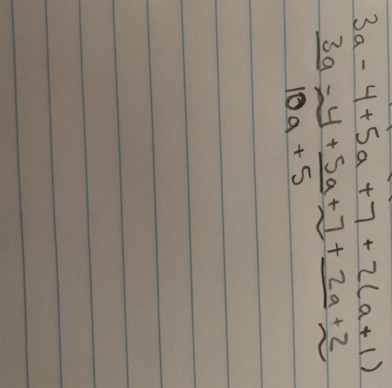 Simplify: 3a - 4 + 5a + 7 + 2(a + 1)-example-1