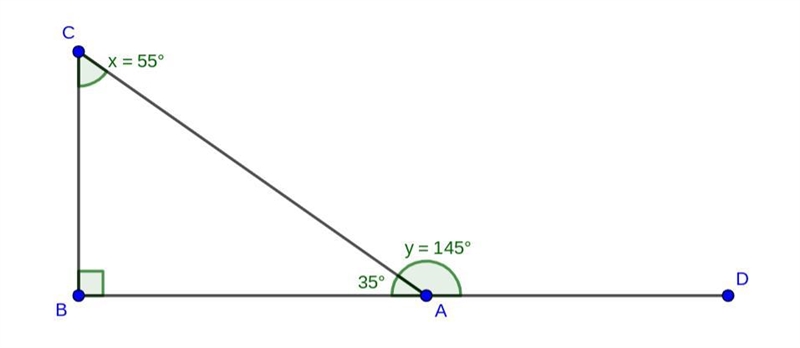 Triangle A B C. Point D extends from side A B. Angle A is 35 degrees, angle B is 90 degrees-example-1