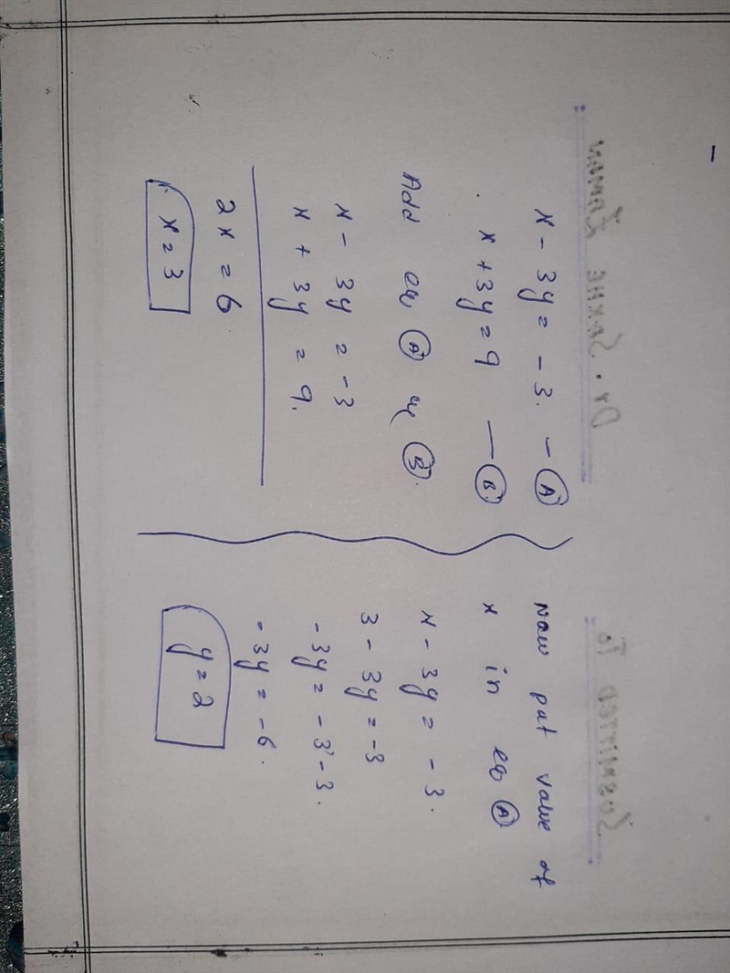 Solve the system of linear equations below. x - 3y = -3 x + 3y = 9-example-1