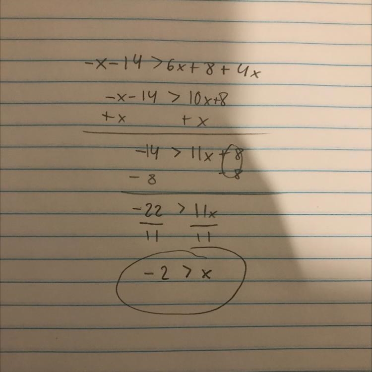 Solve the inequality. -x - 14 > 6x + 8 + 4x-example-1