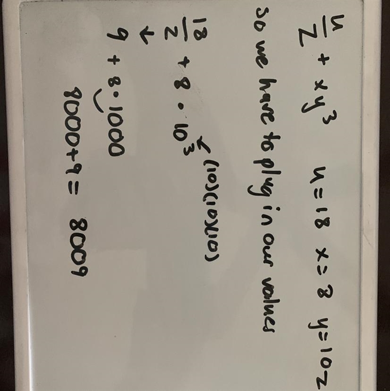 Evaluate (u)/(z) +xy^3, for u = 18, x = 8, y = 10, and z = 2.-example-1