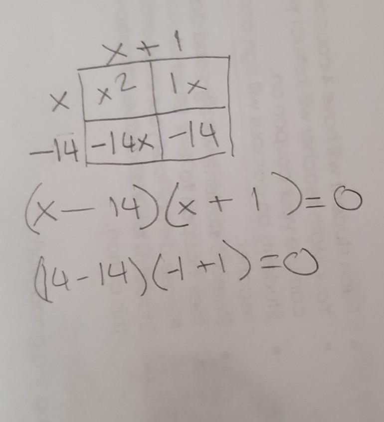 Solve by factoring: x² - 13 - 14=0 A. X = -2, x = 7 B. X = -1, x = 14 C. x = -14, x-example-1