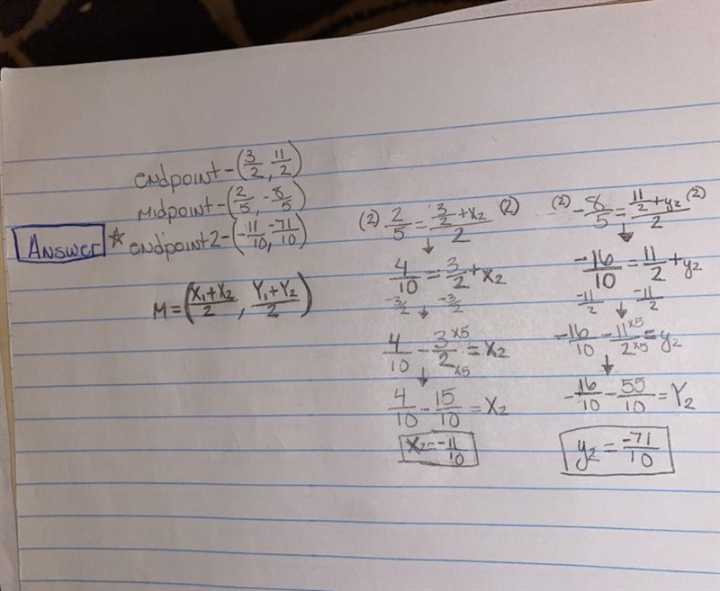 If the endpoint is (3/2, 1 1/2), and the midpoint is (2/5, -8/5) what is the other-example-1