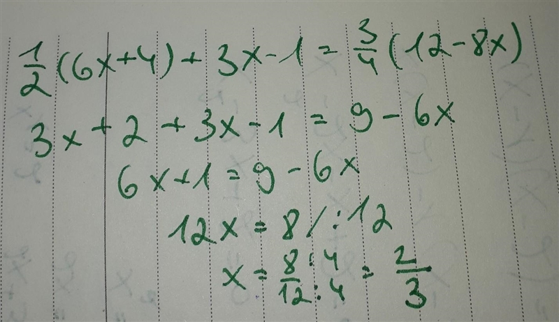 1/2 (6x +4) + 3x - 1 = 3/4 (12 - 8x) solve-example-1