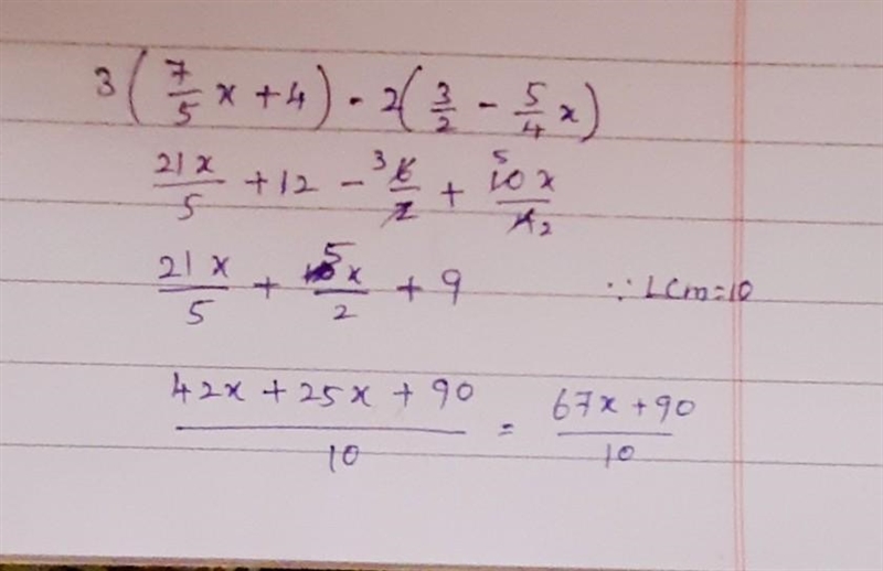 Which is the simplified form of the expression 3(7/5x + 4) - 2(3/2 - 5/4)x) ​-example-1