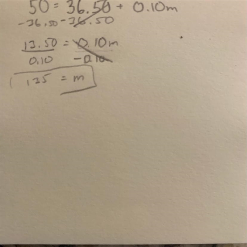 The equation 50=36.50+0.10m represent the additional number of messages roboerto can-example-1