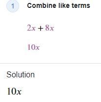 Simplify these expressions: 1. 2x + 8x 2. (5y) - 10y 3. W + 14w - 6w 4. 4x - 5x -6-example-3