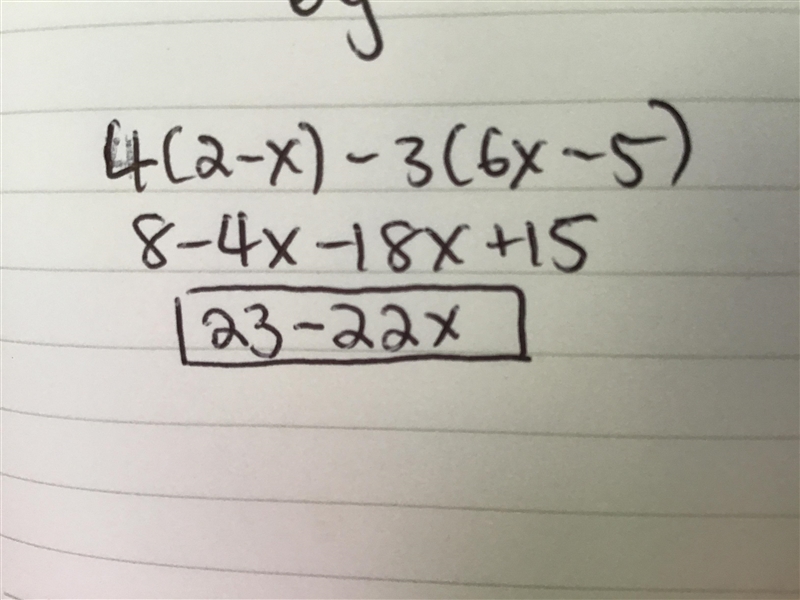 Simplify 4 (2 - x) - 3 (6x – 5)-example-1