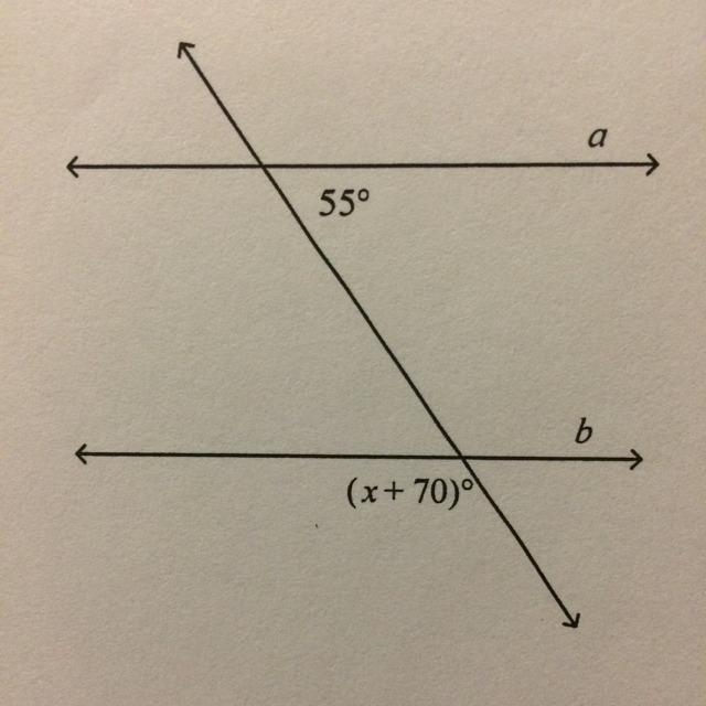 41. In the diagram, a l b. Find the value of x. 55° (x+ 70)-example-1