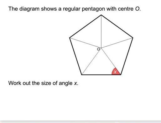 The diagram shows a regular pentagon with centre 0. Work out the size of angle x.-example-1