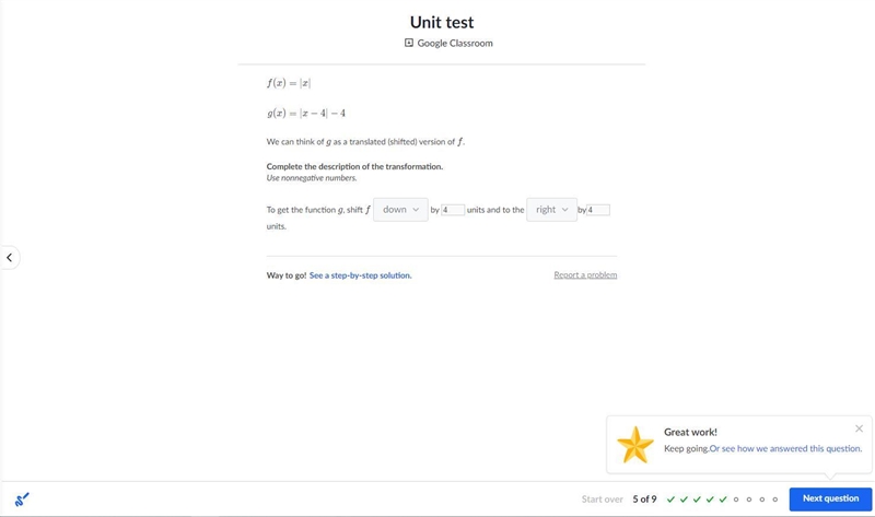 \begin{aligned} f(x)&=|x| \\\\ g(x)&=|x - 4| - 4 \end{aligned} f(x) g(x) ​ =∣x-example-1