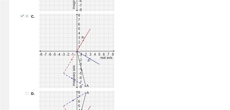 Help pls, Which graph correctly shows point A representing z1 − z2 on a complex plane-example-1