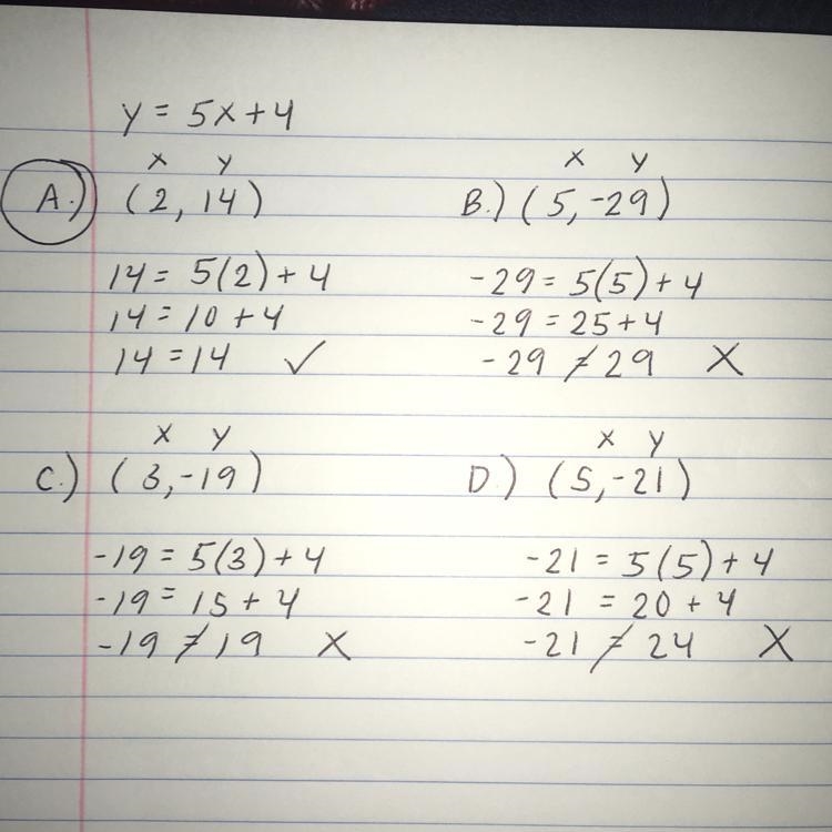 Which ordered pair is a solution of the equation y=5x+4￼? a. (2,14) b. (5, -29) c-example-1