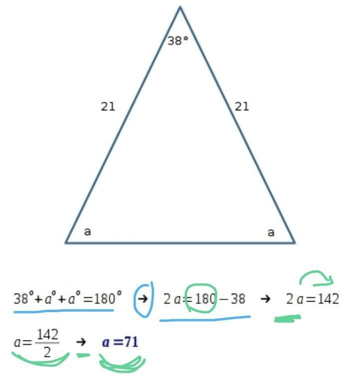 What is the measure of a vertex angle of a triangle if the base angle measures 38° and-example-1