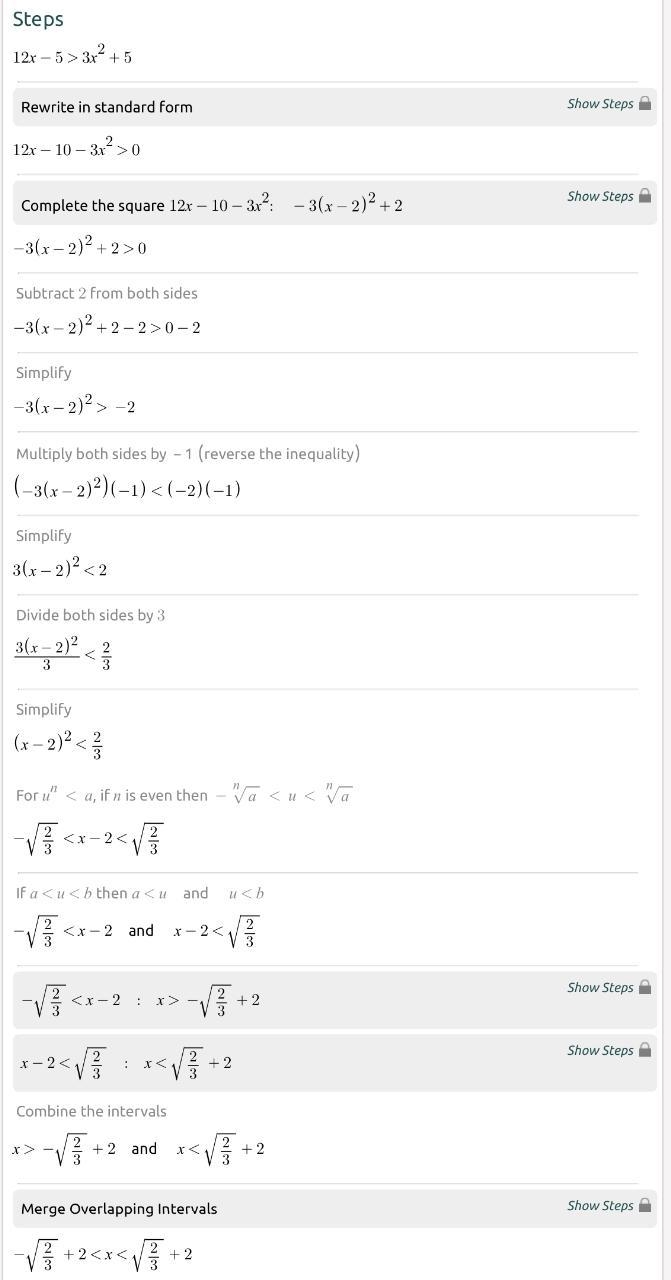 12х - 5 >3х^2 +5 I am confused how to solve this.-example-2