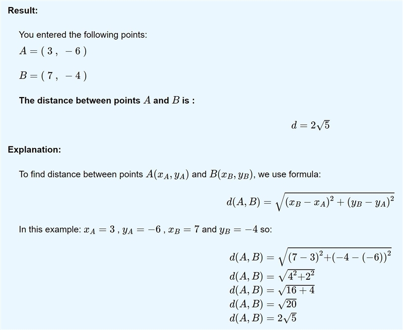 For the points P and Q, find the distance d(P, Q). P(3,-6), Q(7,-4)-example-1