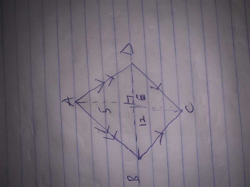 In rhombus ABCD, diagonals AC and BD intersect at point E. If AE = 5cm and BE = 12 cm-example-1