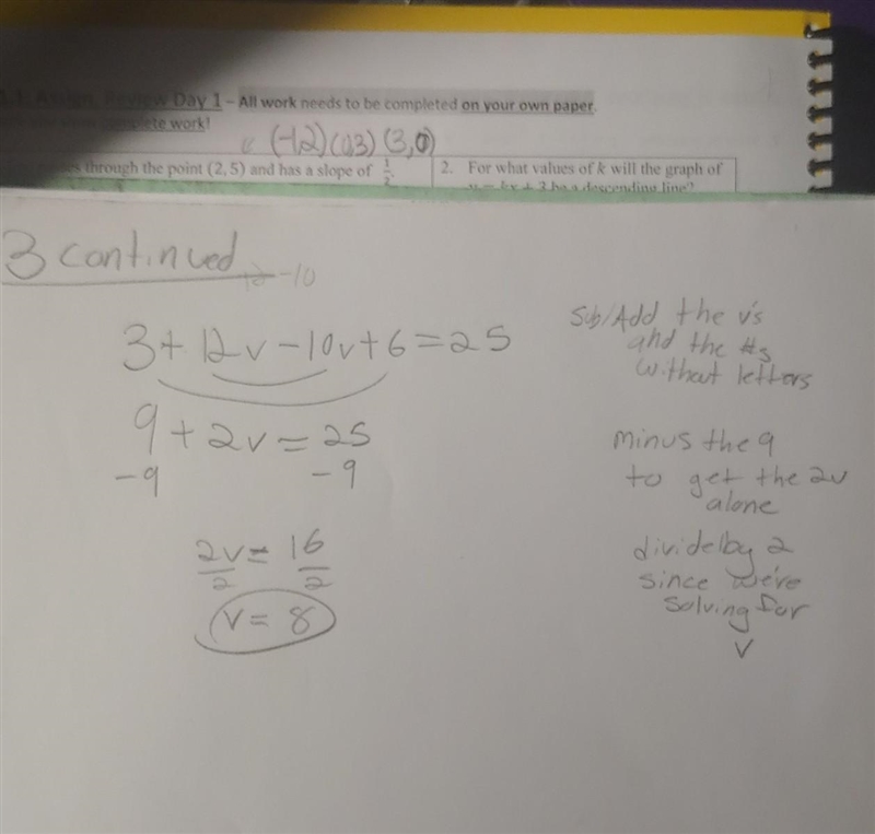 Solve the following three equations. Equation #1 60 = 6(6 – 2n) Equation #2 5x + 7 + 3x-example-2