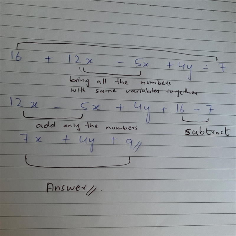 16+12x-5x+4y-7 Simply the expression-example-1