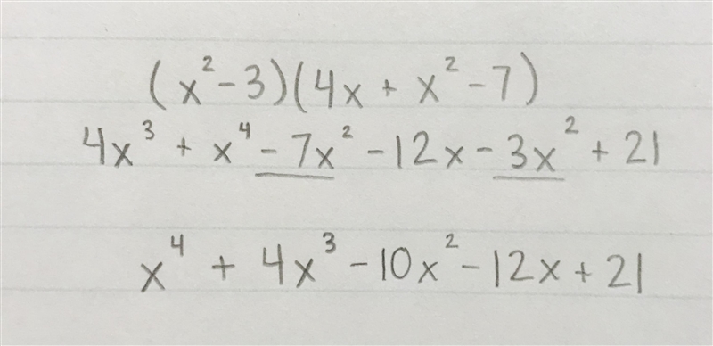 POLYNOMIALS MULTIPLICATION (x^2-3) (4x+x^2-7) Find the product of the polynomials-example-1