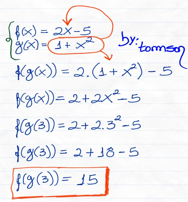 Find f(g(3)). f(x) = 2x-5 g(x) = 1+x^2 f(g(3)) = ?-example-1