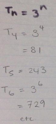 1,3,9,27 what are the next 5 numbers? and what is the nth term please show working-example-1