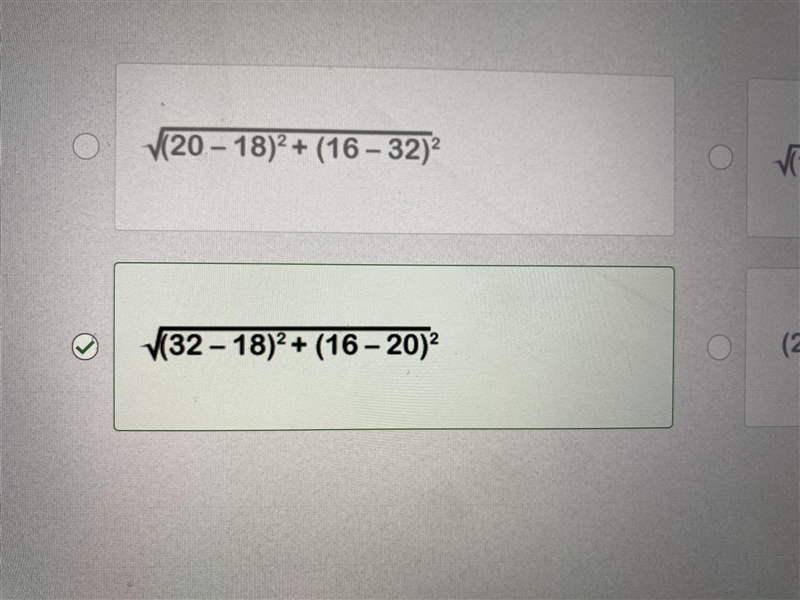 Which expression shows the correct way to find the distance between (18,20) and (32, 16)-example-1