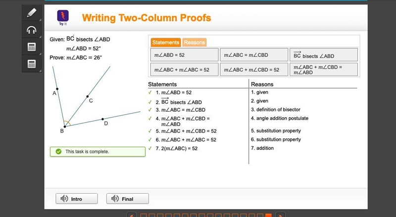 Writing two column proofs. Given: BC bisects ABM M ABD=52° prove: m B =26°-example-1