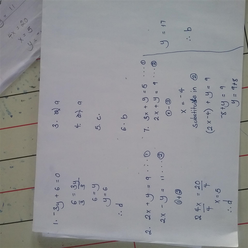 MULTIPLE CHOICES 1. The graph of -3y + 6 = 0 crosses the y axis at _____. a. -6 b-example-1