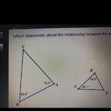 Which statements about the relationship between the two triangles below are true? Check-example-1