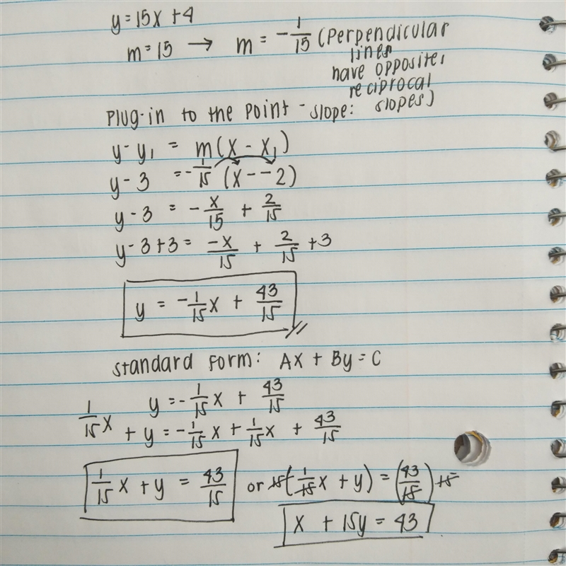 Given y=15x+4, write the equation of the line perpendicular to the given line that-example-1