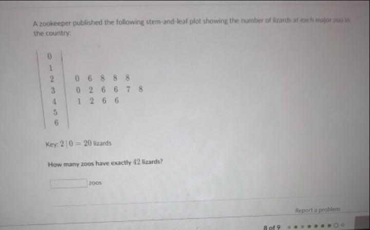 A zoo keeper published the following stem-and-leaf plot showing the number of lizard-example-1