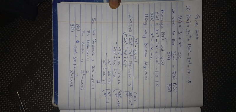 Divide p(x)by g(x)and verify the division algorithm. (i) P(x)=2x 4 + 13x 2 − 7x 3 − 11x-example-2